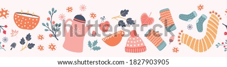 Hygge Autumn and winter pattern border design. Cute and cosy vector seamless repeat banner. Illustration of scarfs, mittens, coffee, winter woodland foliage and stars. 