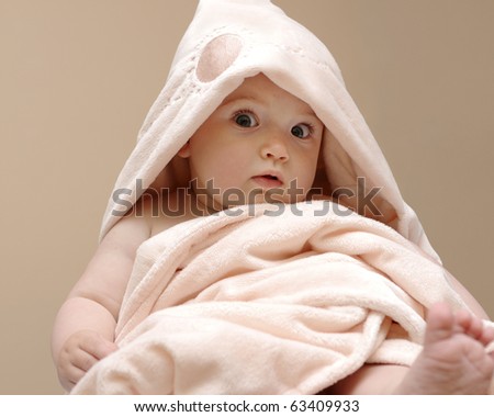 Beautiful Baby Wrapped In A Pink Blanket After Bath Stock Photo ...
