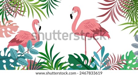 Hello Summer fun concept design, abstract illustration with jungle exotic leaves, colorful design, summer background and flamengo bird