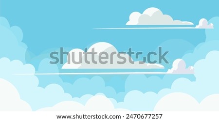 
Sky with Clouds illustration in flat style. Sky and clouds background. Cloudy vector cartoon illustration in blue color. Nature abstract wallpaper.