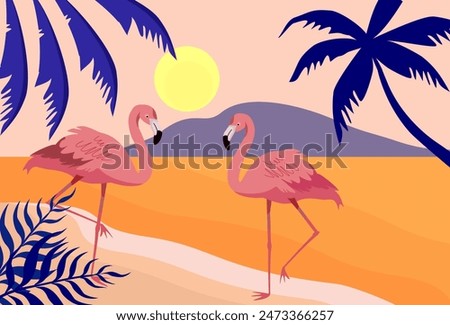 
summer beach illustration. summer background with beach, palms, mountains,and flamengo birds.