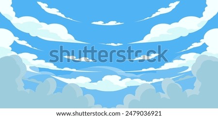 Sky with Clouds illustration in flat style. Sky and clouds background. Cloudy vector cartoon illustration in blue color. Nature abstract wallpaper.