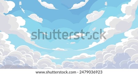 Sky with Clouds illustration in flat style. Sky and clouds background. Cloudy vector cartoon illustration in blue color. Nature abstract wallpaper.