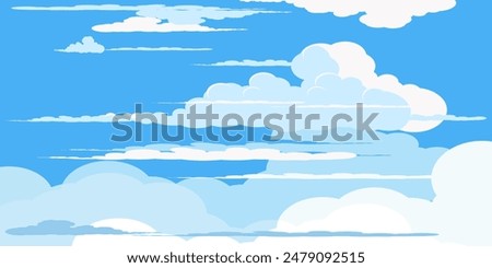 Sky with Clouds illustration in flat style. Sky and clouds background. Cloudy vector cartoon illustration in blue color. Nature abstract wallpaper. 