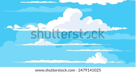 Sky with Clouds illustration in flat style. Sky and clouds background. Cloudy vector cartoon illustration in blue color. Nature abstract wallpaper.