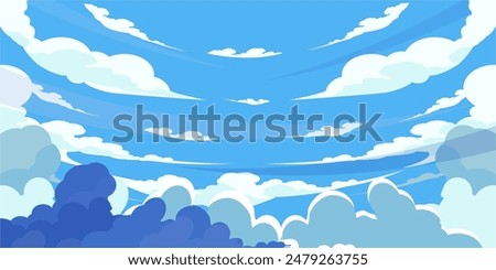 Sky with Clouds illustration in flat style. Sky and clouds background. Cloudy vector cartoon illustration in blue color. Nature abstract wallpaper