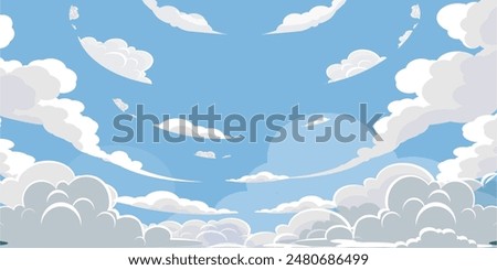 Sky with Clouds illustration in flat style. Sky and clouds background. Cloudy vector cartoon illustration in blue color. Nature abstract wallpaper.