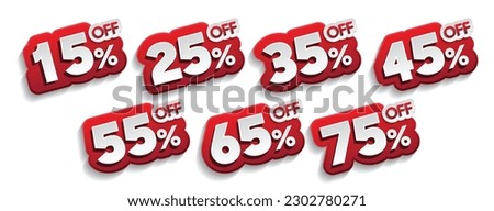 Discounts numbers percent sign in red and white colors isolated on white background, from 15% to 75% discounts.