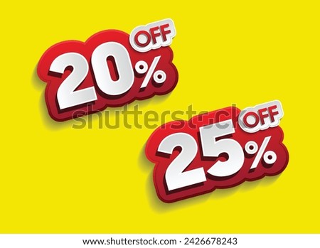 Discounts numbers of percent sign in red and white colors isolated on yellow background, from 20% to 25% discounts.