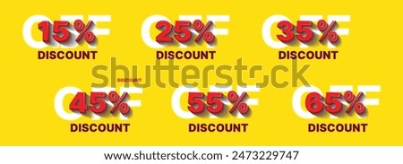 Discounts numbers percent sign in red and white colors isolated on yellow background, from 15% to 65% discount's.