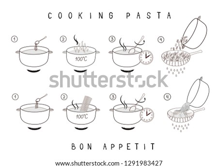 Pasta cooking directions. Steps how to prepare pasta. Vector illustration.