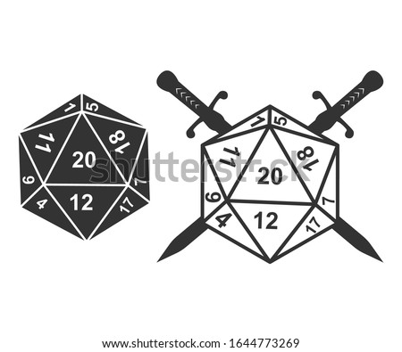 Swords crossed with 20 side Vector Illustration. D20 dungeons
