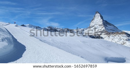 Similar – Image, Stock Photo Winter hiking trail in the spruce forest. Threateningly falling lines.