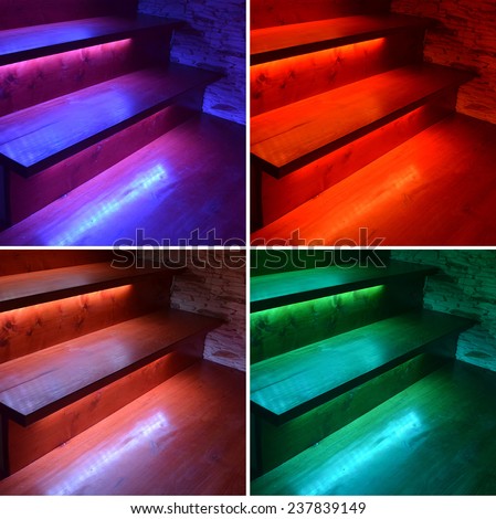 Collage of colored illuminated wooden stairs - blue, red, white, green