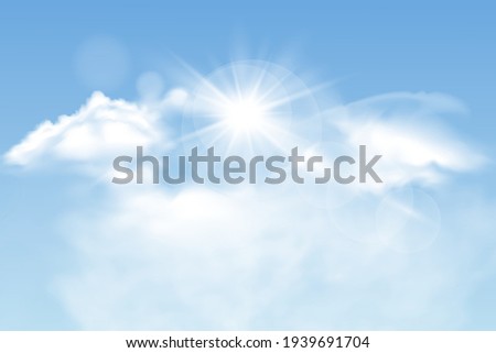Set of transparent different clouds with sun. Spring, summer isolated on blue background. Real transparency effect. Vector illustration