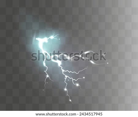 Set of the isolated realistic lightnings with transparency for design. Thunder-storm and lightnings. Magic and bright lighting effects. Natural effects