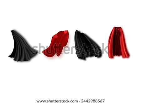 Superhero red cape in different positions, front, side and back view on white background.
