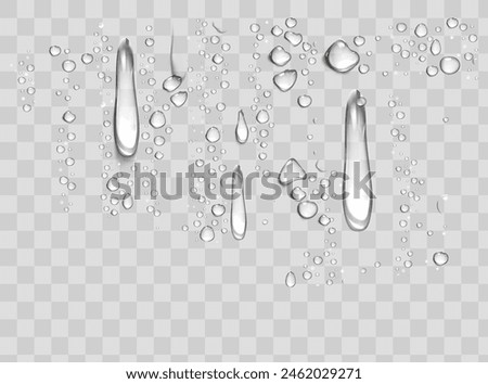 Water rain drops or steam shower isolated on transparent background. Realistic pure droplets condensed. Vector clear vapor water bubbles on window glass surface for your design.