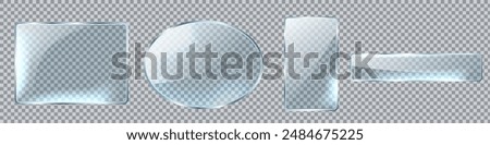 Glass plates set on transparent background. Acrylic and glass texture with glares and light. Realistic transparent glass window in rectangle frame.