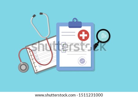 Medical form list with results data and approved check mark vector illustration, flat cartoon clinical checklist document with checkbox, insurance or medicine service concept, prescription record