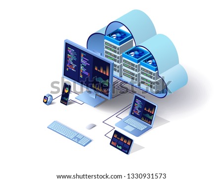 Cloud technology computing concept. Data center concept. Modern cloud technologies. Vector 3d isometric illustration network with computer, laptop, tablet, and smartphone. For web design, presentation