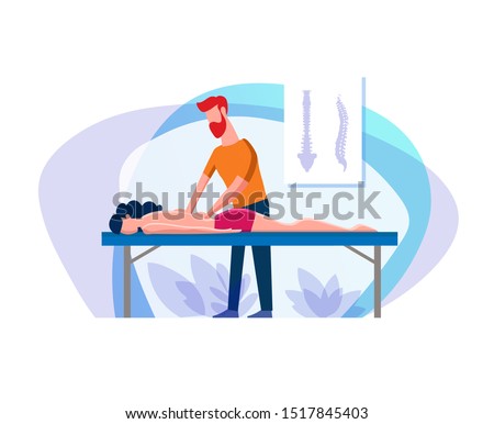 Man makes a woman a back massage. Bearded man makes a young girl a back massage. Alignment of the ridge of the back employing therapeutic massage. Flat cartoon illustration chiropractor spine
