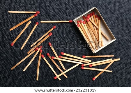 Matchsticks and match box put on the black color leather surface as a background represent the flammable material.