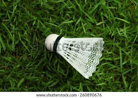 Shuttle cock plastic type put on the grass background represent the badminton sport equipment related concept idea.