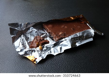 Chocolate bar in aluminum foil packaging represent the food and confectionery concept related idea.