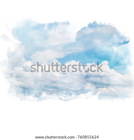 Blue sky with white cloud. Artistic natural abstract background. Watercolor painting (retouch).