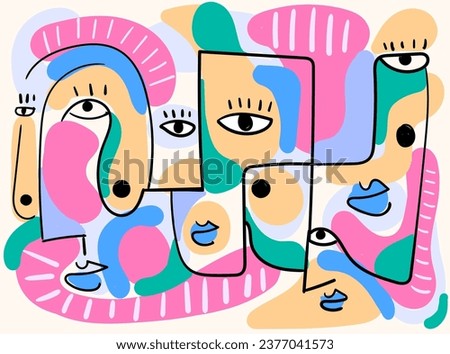 Abstract vector artwork inspired by Picasso's Cubism, featuring portraits of human faces. These hand-drawn designs use bold lines and a black color palette, making them suitable for wall art, posters,