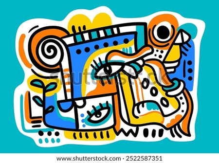 abstract face portrait cubism art style, decorative, line art hand drawn vector illustration.