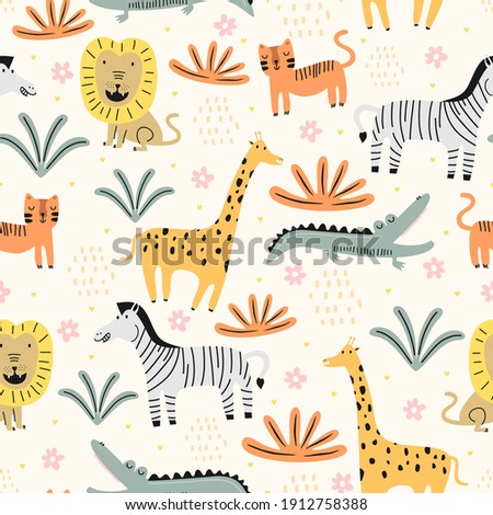 Seamless pattern with cute wild animals childish. Animals zoo with lion, zebra, crocodile, cat and giraffe. Suitable for design kid textile, wrapping paper, background. Kids animal characters.