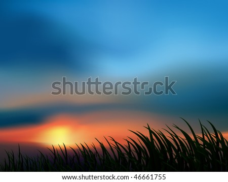 vector landscape with sunset, dramatic skies and grass
