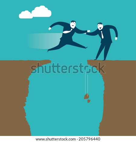 Businessman helping businessman to cross over an abyss