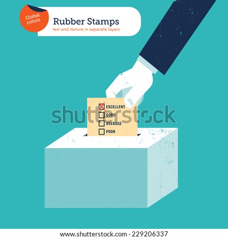 Hand of a businessman putting an excellent votingballot in a ballot box. Vector illustration Eps10 file. Global colors. Text and Texture in separate layers.