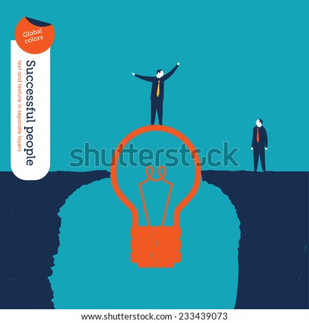 Businessman on a bulb helping a man to cross an abyss. Vector illustration Eps10 file. Global colors. Text and Texture in separate layers.