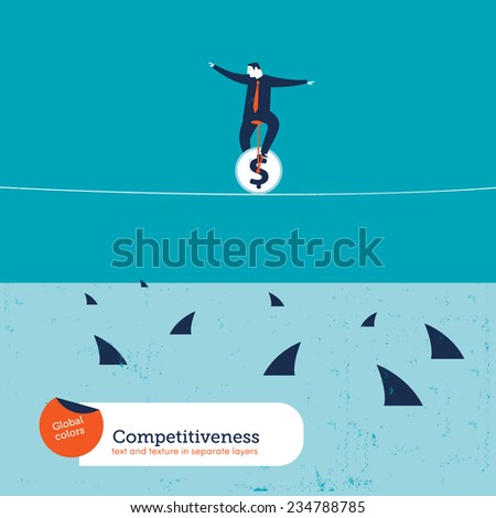 Businessman on unicycle on a tightrope with sharks. Vector illustration Eps10 file. Global colors. Text and Texture in separate layers.