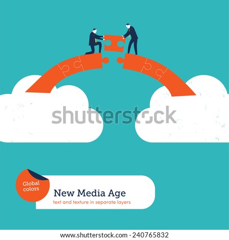 Businessmen building a puzzle bridge from cloud to cloud. Vector illustration Eps10 file. Global colors. Text and Texture in separate layers.