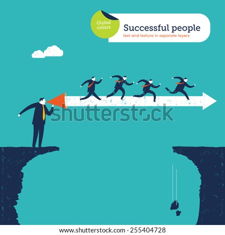 Coach with megaphone creating an arrow bridge over an abyss. Vector illustration Eps10 file. Global colors. Text and Texture in separate layers.