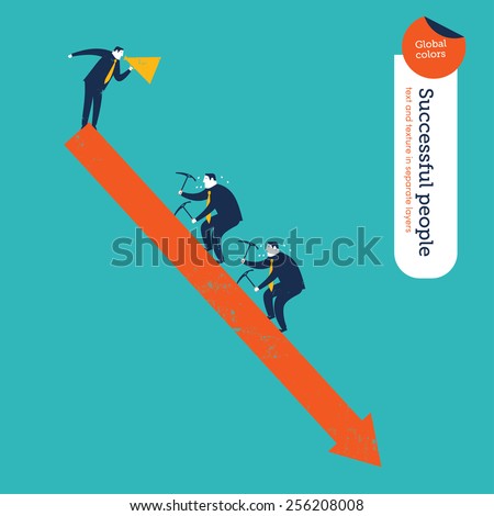 Coach with megaphone and businessmen hiking an arrow that goes down. Vector illustration Eps10 file. Global colors. Text and Texture in separate layers.