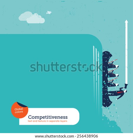 Businessmen rowers with coach on a cascade upwards. Vector illustration Eps10 file. Global colors. Text and Texture in separate layers.