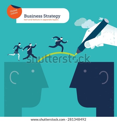 Hand drawing a bridge between two heads businesspeople crossing over. Vector illustration Eps10 file. Global colors. Text and Texture in separate layers.