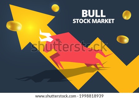 Bull or bullish run icon with growth arrow graph and bars. Concepts for share market of Bull and bear stock market exchange or finance. Vector of Bull market uptrend stock market and trading chart. Foto stock © 