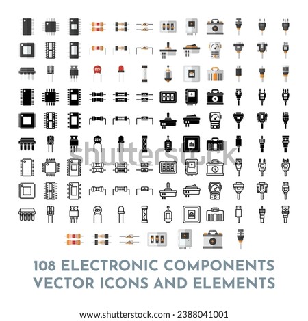 108 Electronic Components Vector Icon Pack and Elements	