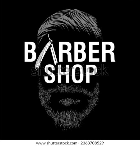 Barber shop design with skull, beard, hair and razor design element for logo, poster, card, banner, emblem, t shirt. Vector illustration