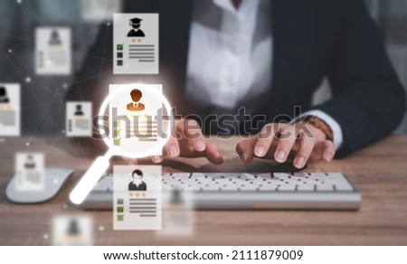 Human Resources HR management Recruitment Employment Headhunting Concept , Human Resources uses computers to search and select job applicantsThe process of selecting people to join the work of the HR. Stock foto © 