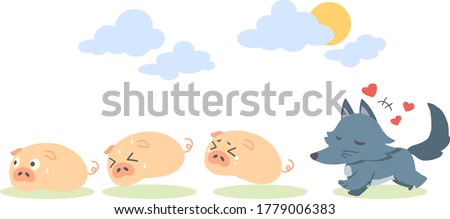 Funny Three Little Pigs and The Wolf Vector Illustration