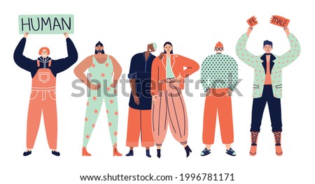 Group of androgynous transgender happy people. Gender neutrality concept, genderqueer. LGBTQ+ friendly society. Pride and freedom concept. Vector hand drawn flat illustration.