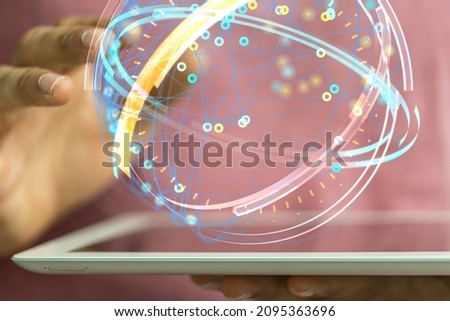A 3D rendering of a globe hologram with interconnected dots on a businessman's tablet - world wide web concept Foto stock © 